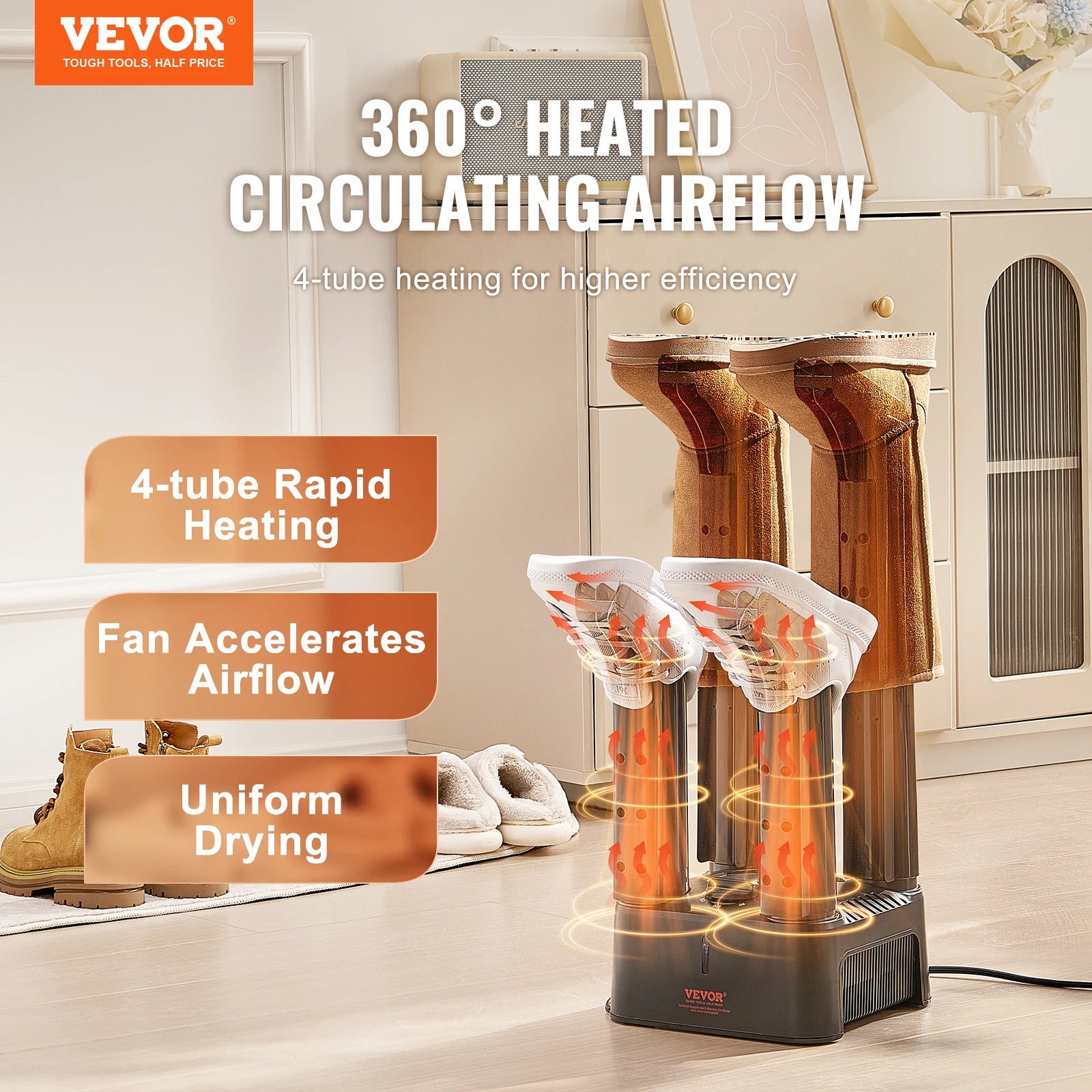 VEVOR 4 Tubes Electric Shoe Dryer Boot Warmer with Heat Blower & Timer Multifunction Socks Dryer Fast Drying Boot Deodorizer