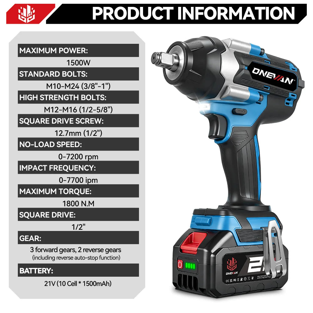 ONEVAN 1800N.M Torque Brushless Electric Impact Wrench 1/2 inch Cordless Drill Car Repair Power Tool For Makita 18V Battery Pin