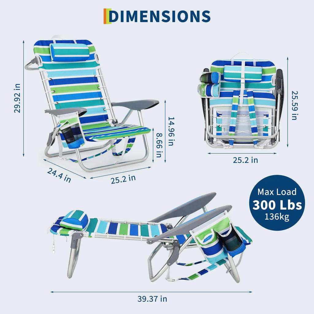 Portable Backpack Beach Chair 2 Pack 5 Reclining Positions Folding Outdoor Lounge w/Backpack Straps,Cup Holder for Camping Beach