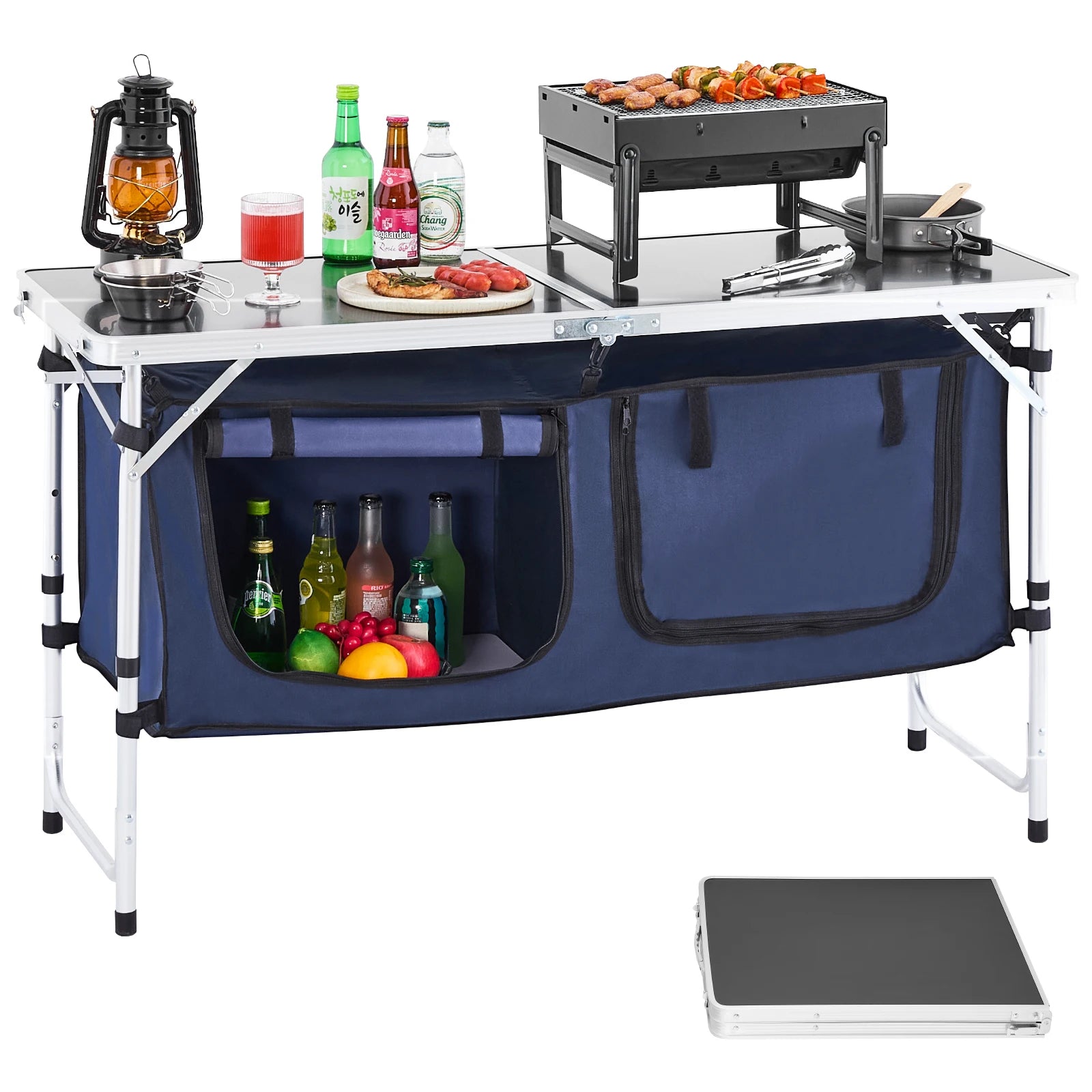 SucceBuy Camping Kitchen Table Folding Outdoor Cooking Table, Aluminum Lightweight Portable Cook Station Foldable Camp Table