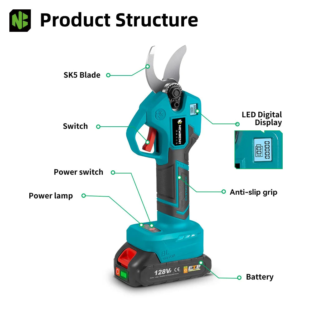 NEWBENY 30mm Brushless Electric Pruner Shear 4 Gears Cordless Garden Bonsai Electric Scissors Power Tools For Makita Battery Pin
