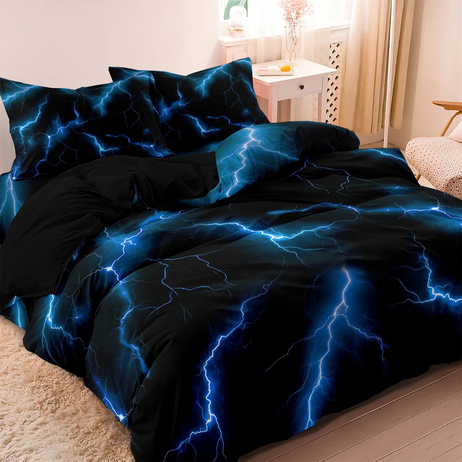 3pcs Blue Lightning Line Quilt Donna Duvet Cover Bedding Set, HD Print For Home & Dorm, Cozy Soft Comfortable