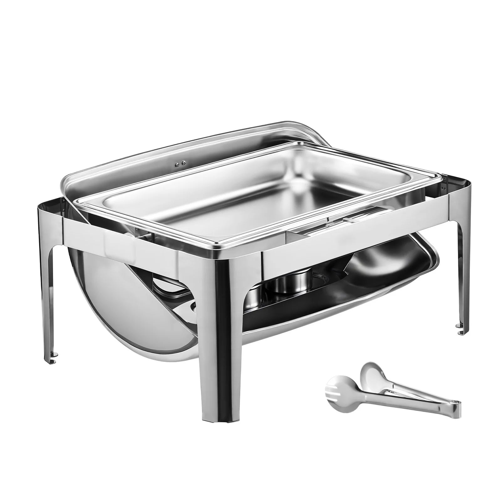 SucceBuy 9Qt Roll Top Chafing Dish Buffet Stainless Steel Chafer w/ Full Size Pan Visible Lid Rectangle Catering Warmer Server