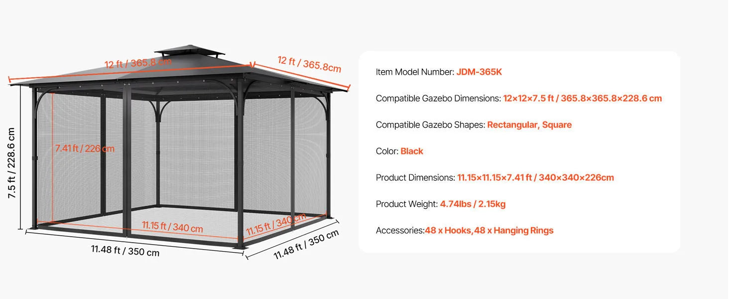 SucceBuy Gazebo Netting Replacement Outdoor Garden Gazebo Net 4-Panel Sidewall Mesh Gazebo Curtain Double Zipper for Garden