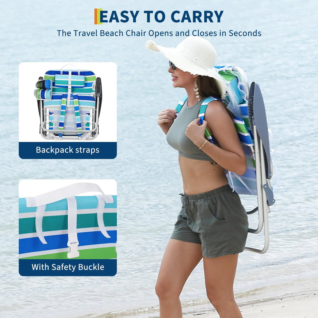 Portable Backpack Beach Chair 2 Pack 5 Reclining Positions Folding Outdoor Lounge w/Backpack Straps,Cup Holder for Camping Beach