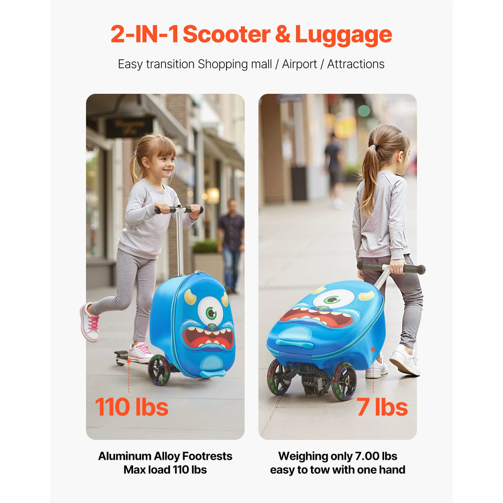 SucceBuy Ride-on Luggage 20 L Capacity 20 In Kids Scooter Suitcase with Flash PU Wheels Adjustable Handle for Kids Aged 5+ Blue