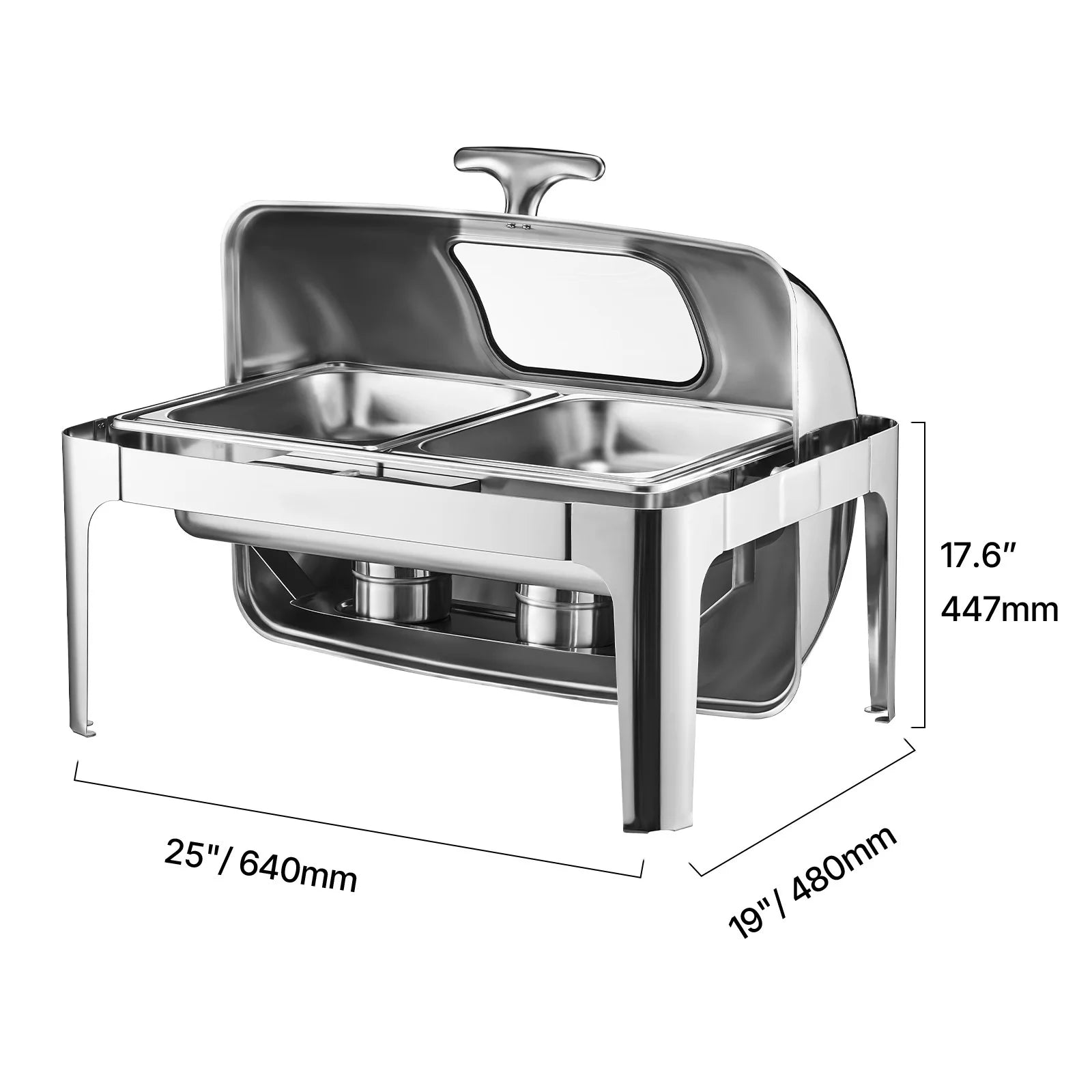 SucceBuy 9Qt Roll Top Chafing Dish Buffet Stainless Steel Chafer w/ Full Size Pan Visible Lid Rectangle Catering Warmer Server
