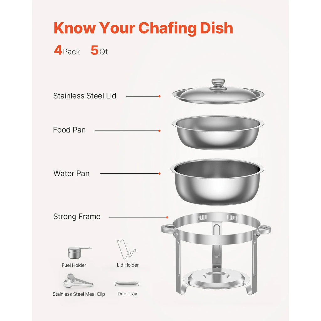 SucceBuy 4Pack Chafing Dish Buffet Set Stainless Steel Chafer w/4 Full Size Pan Round Catering Warmer Server for Party Banquets