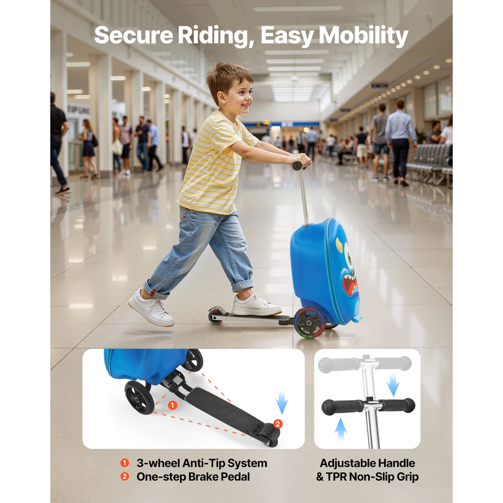 SucceBuy Ride-on Luggage 20 L Capacity 20 In Kids Scooter Suitcase with Flash PU Wheels Adjustable Handle for Kids Aged 5+ Blue
