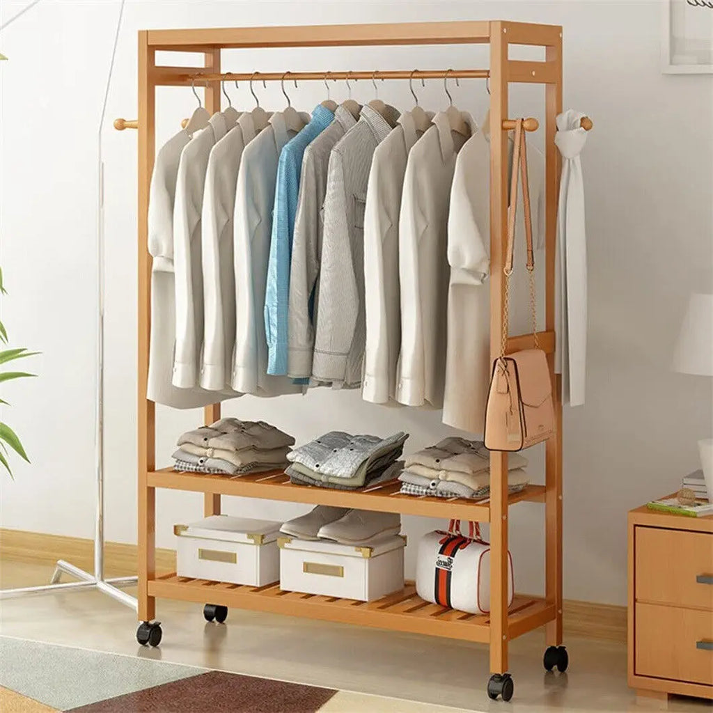Bamboo Garment Coat Rack Clothes Hanging Rack Organizer with Rolling Wheels