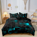 3pcs Lake Blue Soft Geometric Grid Plaid Checked Quilt Doona Duvet Cover Bedding Set / Included 1*Duvet Cover & 2*Pillowcase