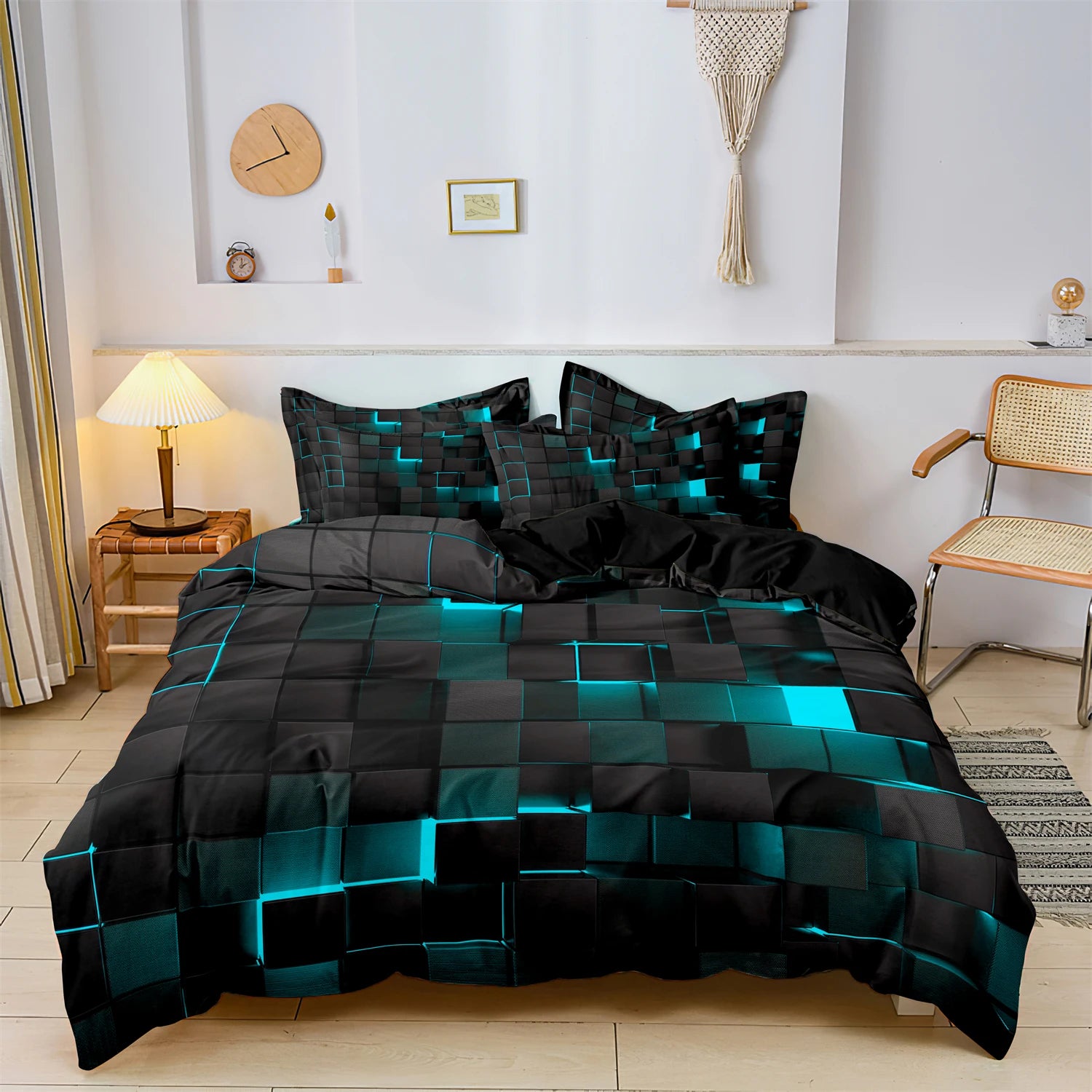 3pcs Lake Blue Soft Geometric Grid Plaid Checked Quilt Doona Duvet Cover Bedding Set / Included 1*Duvet Cover & 2*Pillowcase