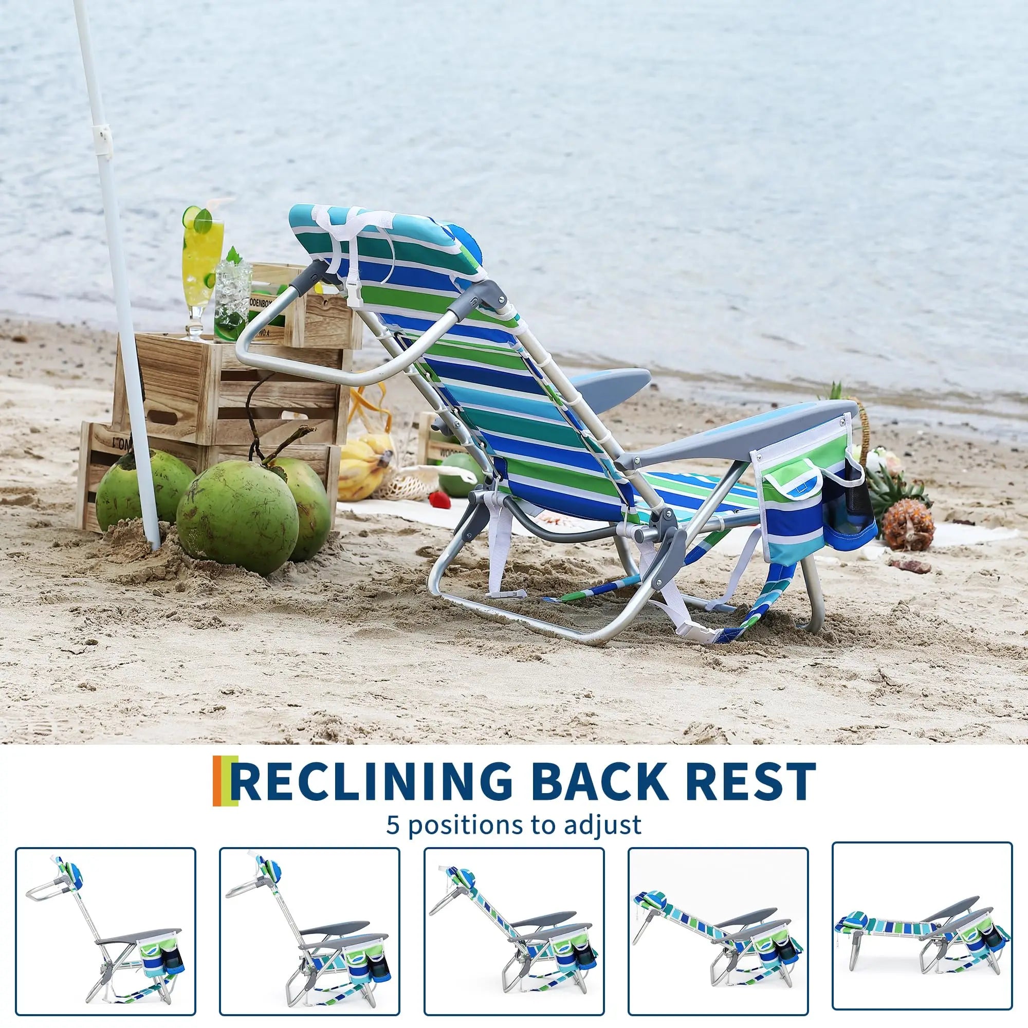 Portable Backpack Beach Chair 2 Pack 5 Reclining Positions Folding Outdoor Lounge w/Backpack Straps,Cup Holder for Camping Beach