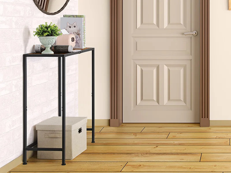 Rustic Brown Console Table 80x30x80cm - Narrow Entryway Table w/ Black Metal Frame for Hallway & Living Room