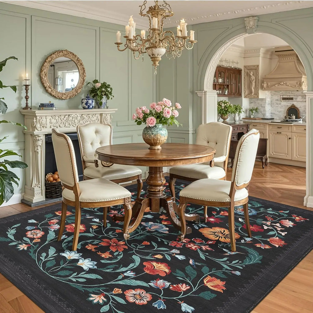 Washable Rugs for Living Room, Low Pile Floral Area Rug, Indoor Soft Carpet, Indoor Foldable Floor Mat for Bedroom, Dining Room