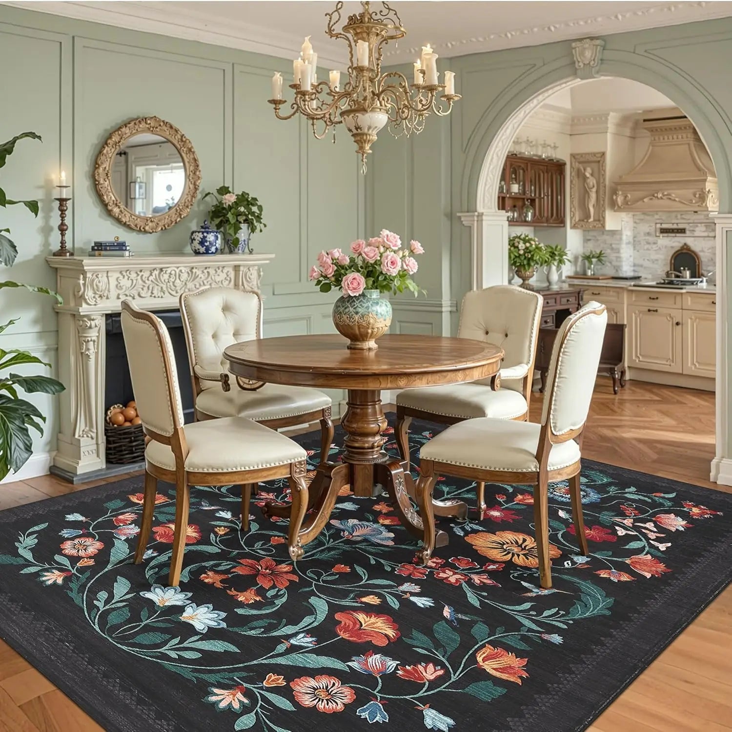Washable Rugs for Living Room, Low Pile Floral Area Rug, Indoor Soft Carpet, Indoor Foldable Floor Mat for Bedroom, Dining Room