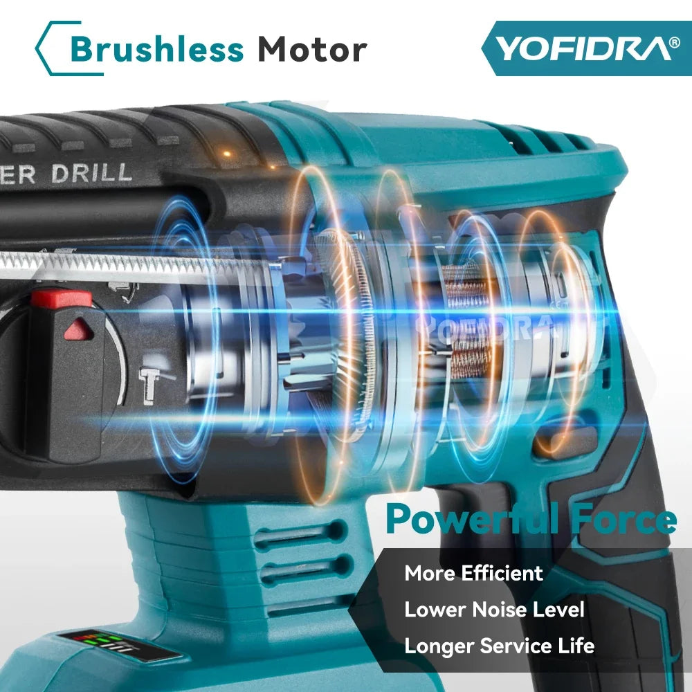 YOFIDRA Brushless Electric Hammer Drill 26MM Multifunctional Cordless Rechargeable Screwdriver Tool For Makita 21V Battery Pin