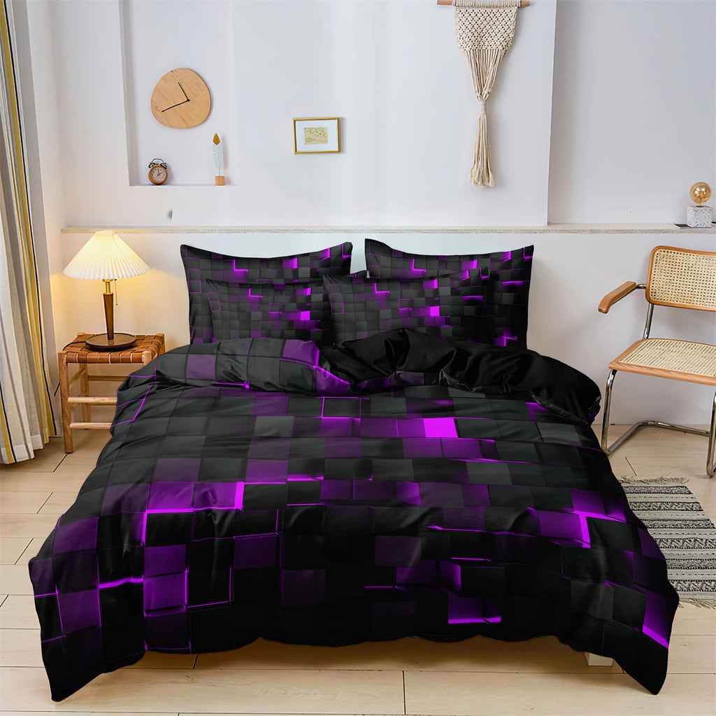3pcs Purple Soft Geometric Grid Plaid Checked Quilt Duvet Cover Bedding Set,Included 1*Duvet Cover & 2*Pillowcase-[Local Stock]