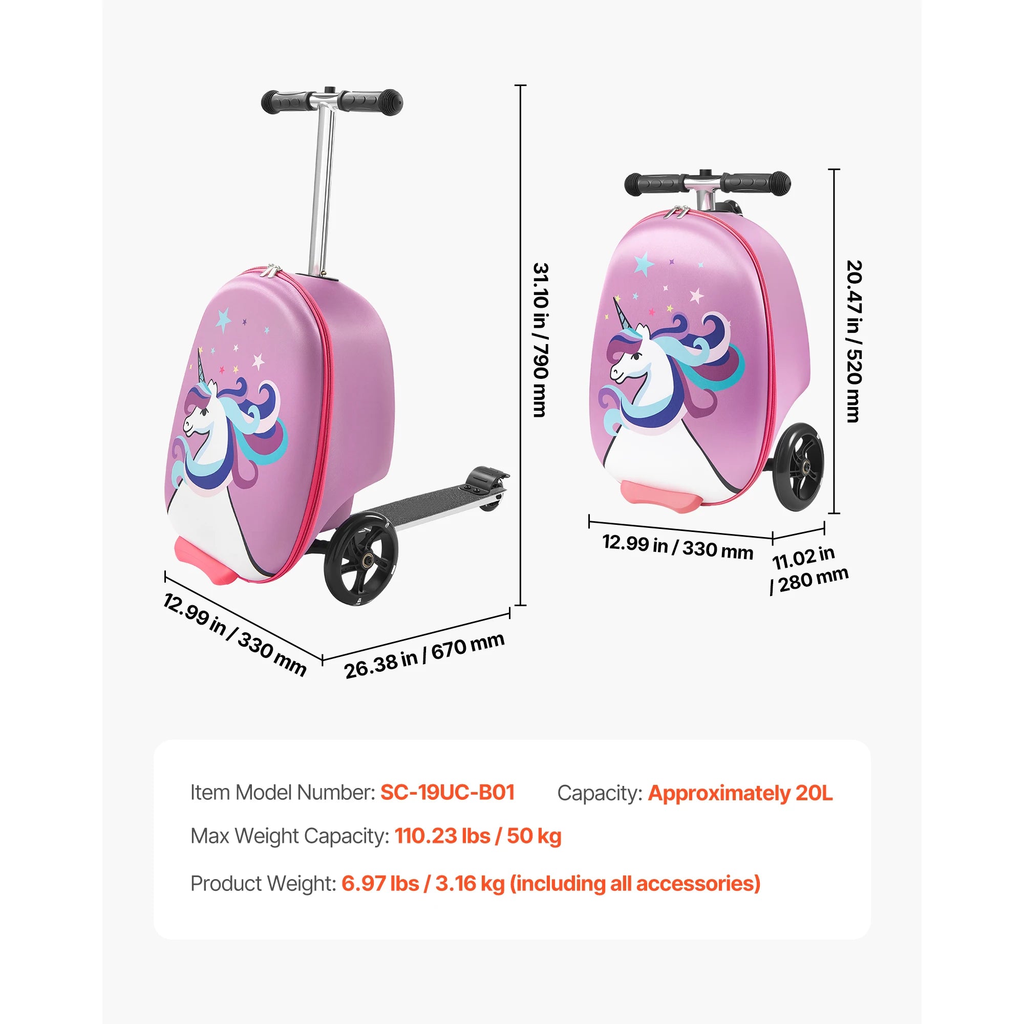 SucceBuy Ride-on Luggage 20 L Capacity 20 In Kids Scooter Suitcase with Flash PU Wheels Adjustable Handle for Kids Aged 5+ Blue
