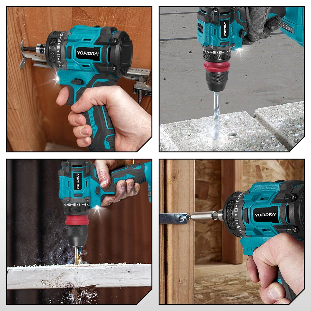 YOFIDRA 2 in1 Brushless Electric Screwdriver Hammer Cordless Drill Impact Multifunctional Power Tool For Makita 21V Battery Pin