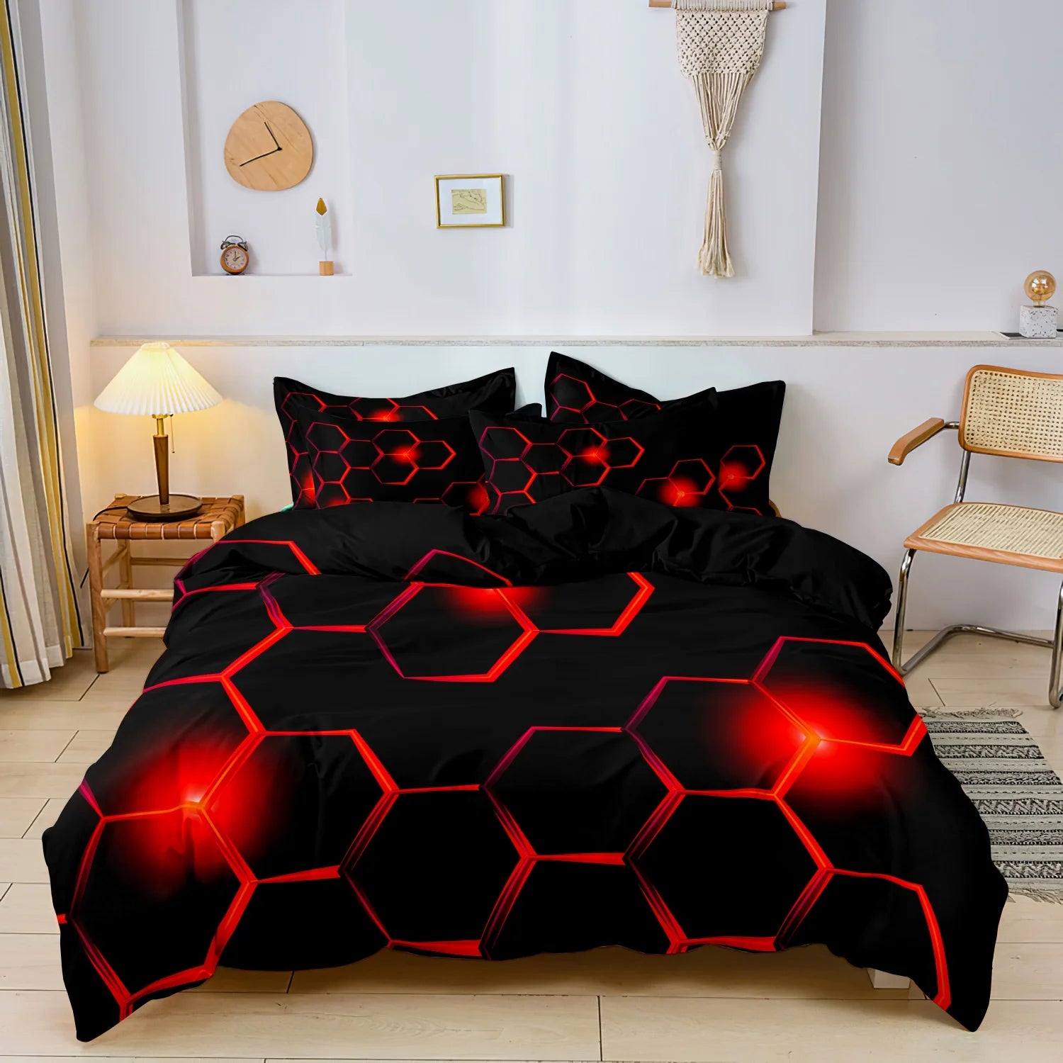 3pcs Red Geometric Hexagon Quilt Duvet Cover Set - Soft Comfortable Bedding Set For Bedroom, - 1*Duvet Cover + 2*Pillowcases