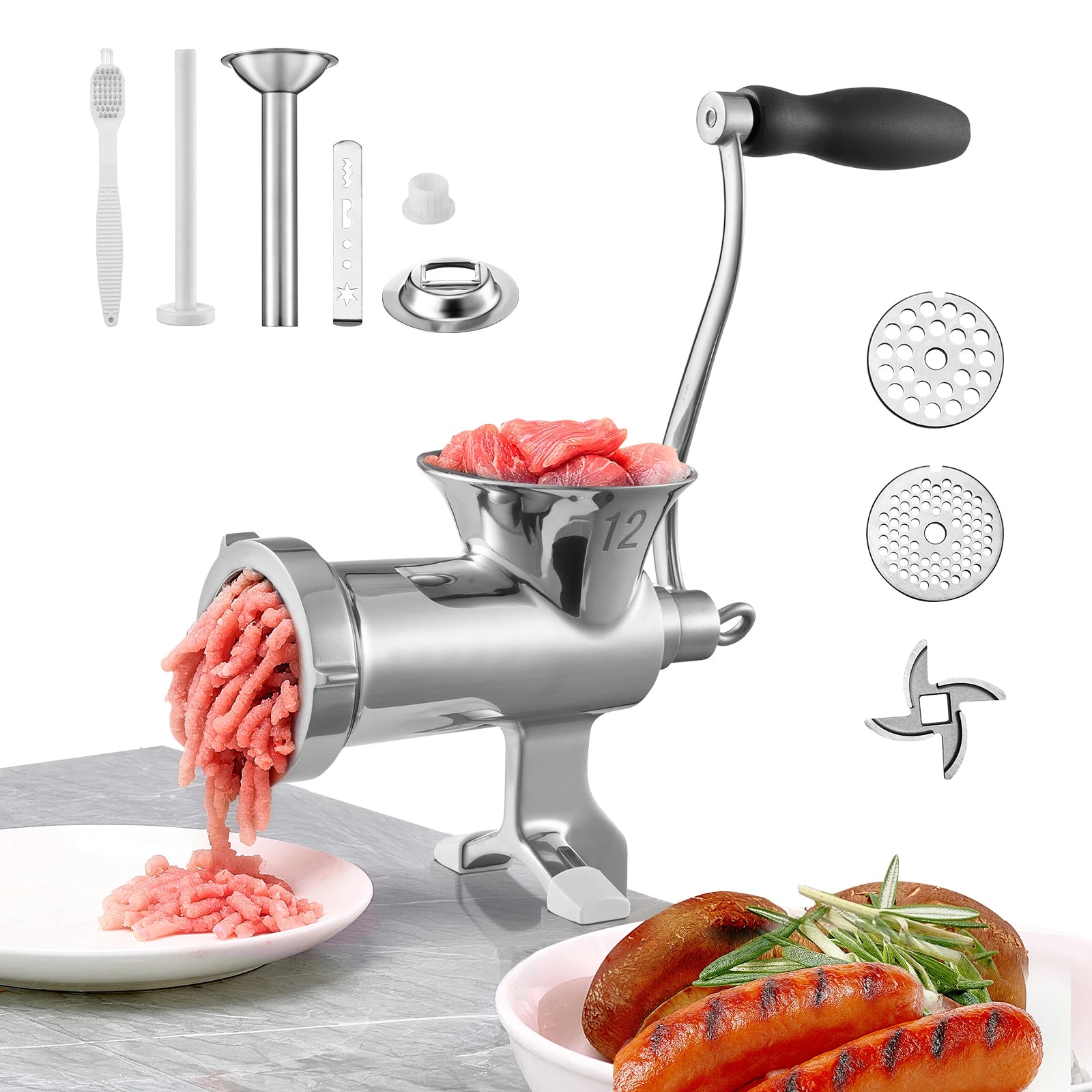 SucceBuy Manual Meat Grinder304Stainless Steel Hand Meat Grinder with Steel Table Clamp Meat Mincer Sausage Maker