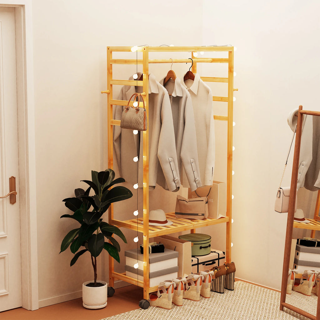 Bamboo Garment Coat Rack Clothes Hanging Rack Organizer with Rolling Wheels