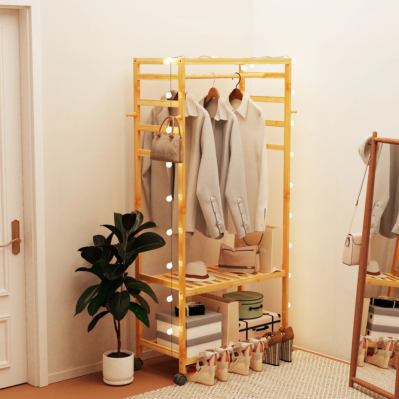 Bamboo Garment Coat Rack Clothes Hanging Rack Organizer with Rolling Wheels