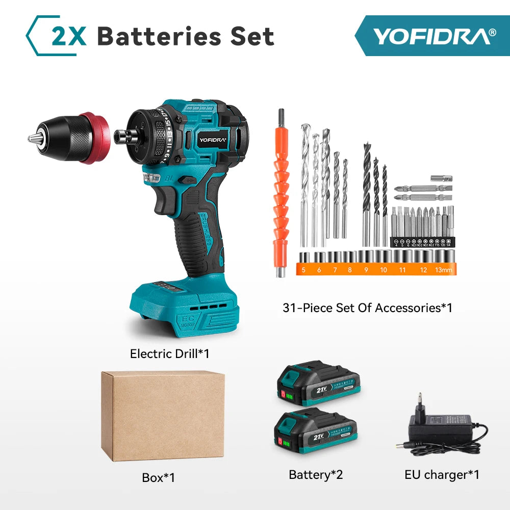 YOFIDRA 2 in1 Brushless Electric Screwdriver Hammer Cordless Drill Impact Multifunctional Power Tool For Makita 21V Battery Pin