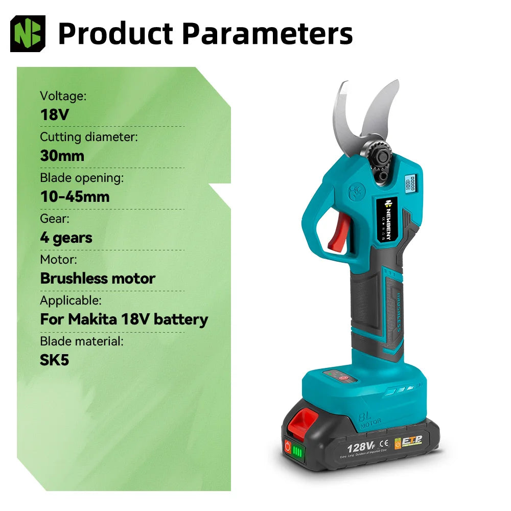 NEWBENY 30mm Brushless Electric Pruner Shear 4 Gears Cordless Garden Bonsai Electric Scissors Power Tools For Makita Battery Pin