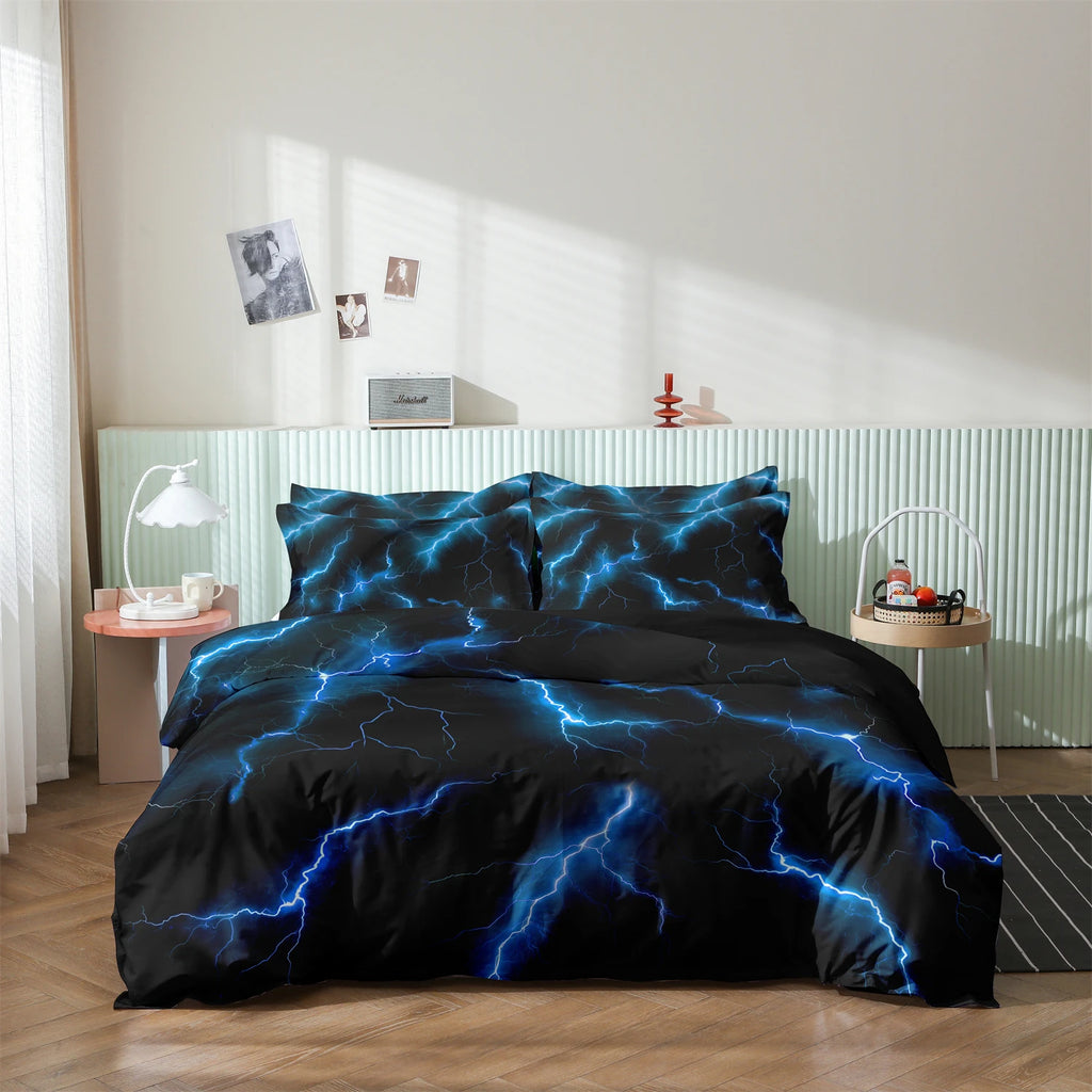 3pcs Blue Lightning Line Quilt Donna Duvet Cover Bedding Set, HD Print For Home & Dorm, Cozy Soft Comfortable