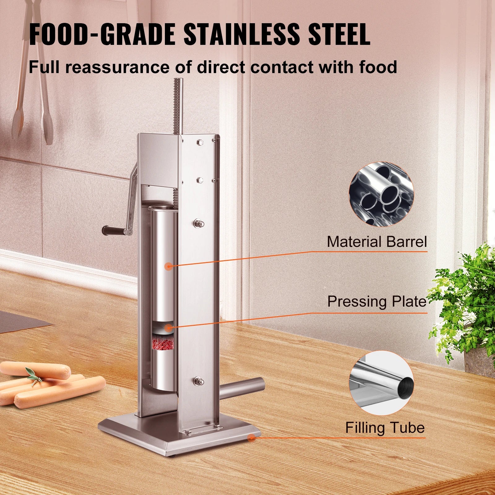 SucceBuy 5L Manual Sausage Stuffer Stainless Steel Making Sausage Vertical Maker with 5 Filling Funnels for Home Commercia