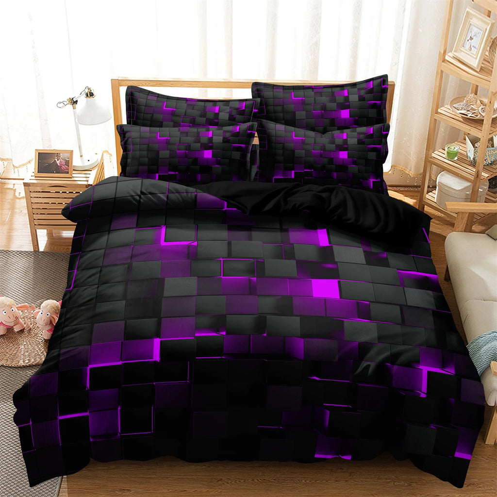 3pcs Purple Soft Geometric Grid Plaid Checked Quilt Duvet Cover Bedding Set,Included 1*Duvet Cover & 2*Pillowcase-[Local Stock]