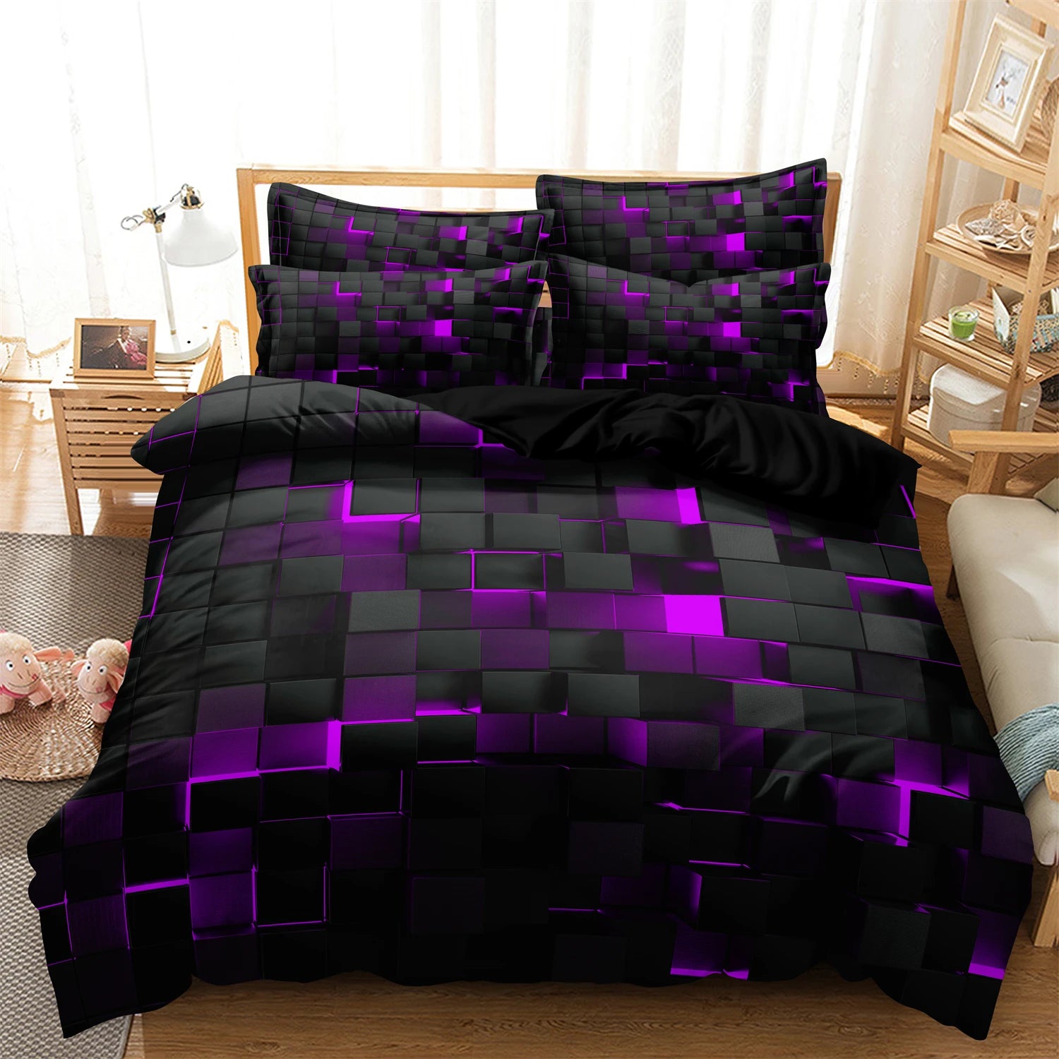 3pcs Purple Soft Geometric Grid Plaid Checked Quilt Duvet Cover Bedding Set,Included 1*Duvet Cover & 2*Pillowcase-[Local Stock]