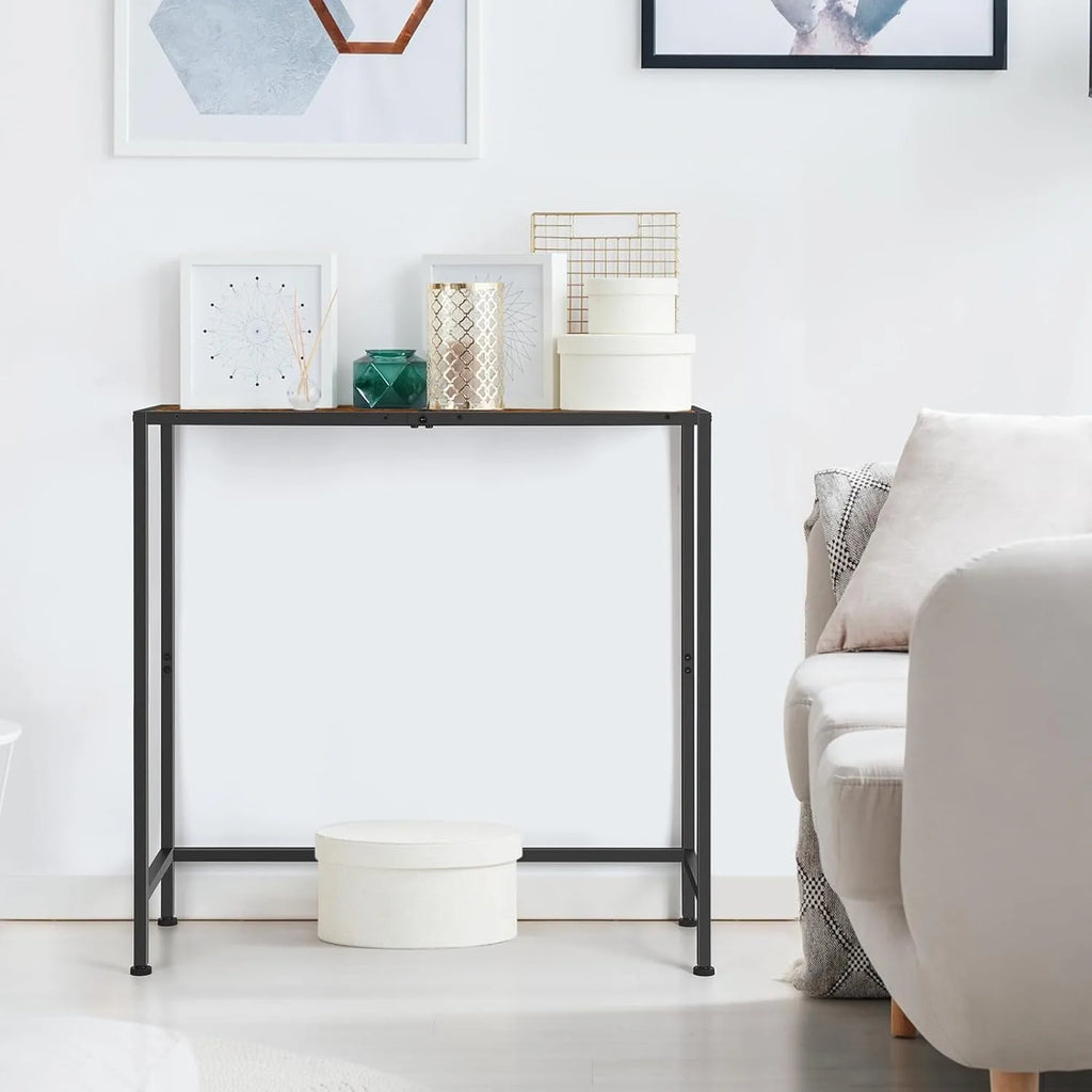 Rustic Brown Console Table 80x30x80cm - Narrow Entryway Table w/ Black Metal Frame for Hallway & Living Room