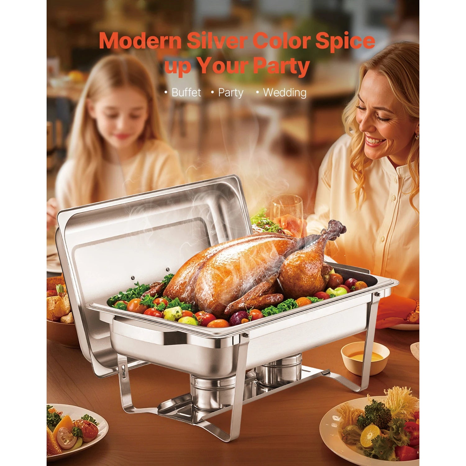 SucceBuy 8Qt 4 Pack Chafing Dish Buffet Set Stainless Steel Chafer with 2 Full Size and 4 Half Size Pans Catering Warmer Server