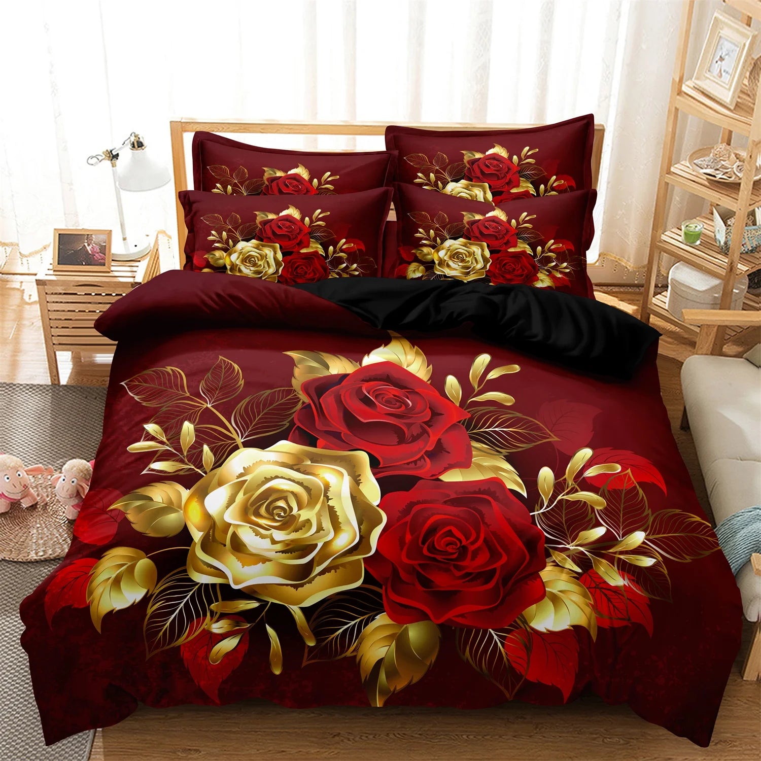 3Pcs Red Gold Rose Duvet Cover Set, 3D Floral Bedding, Soft Microfiber Quilt Cover, Luxury Bedroom Decor,Queen Size,Local Stock