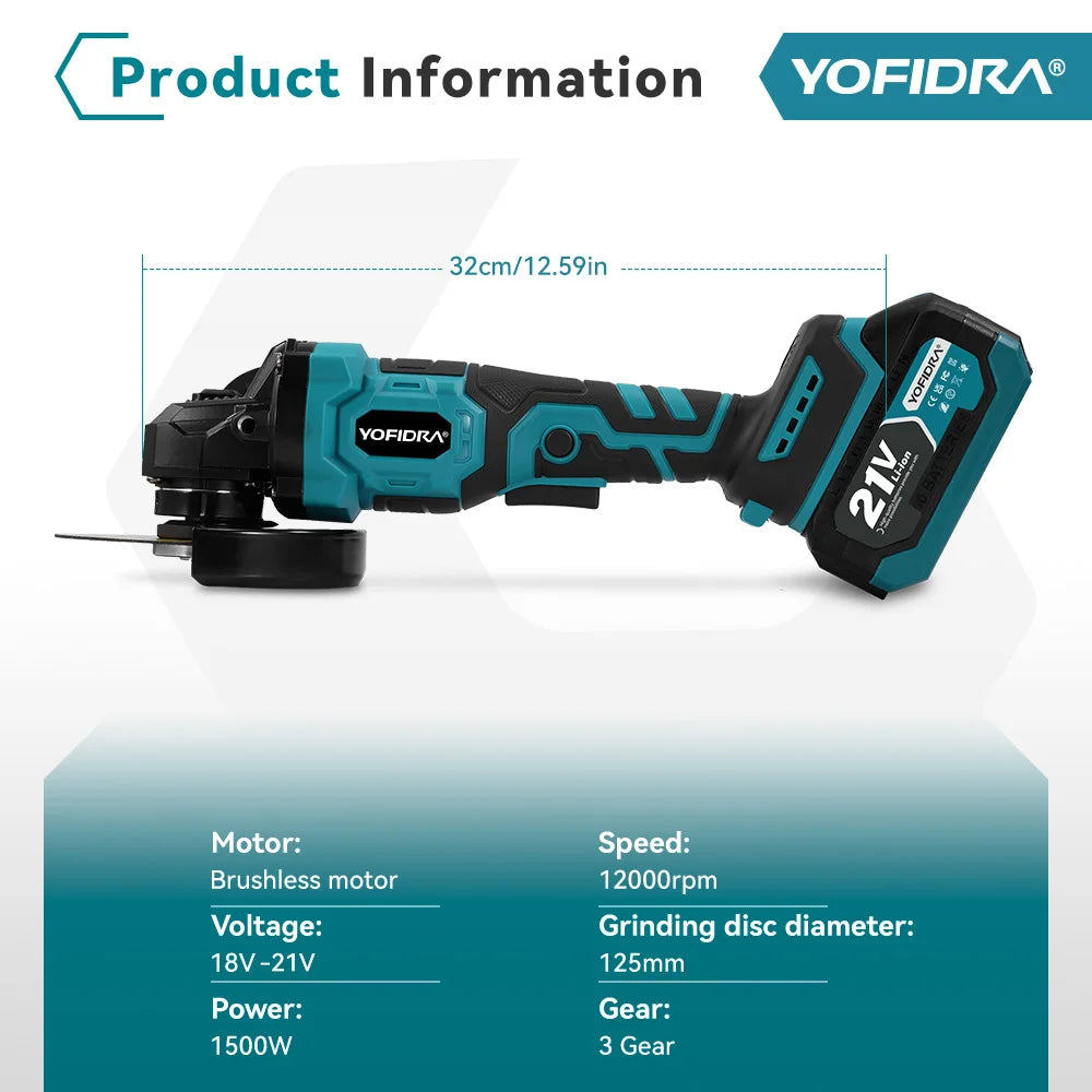YOFIDRA 125MM Brushless Electric Angle Grinder 3000W 3Gears Polishing Cutting Machine Wood Power Tool For Makita 21V Battery Pin