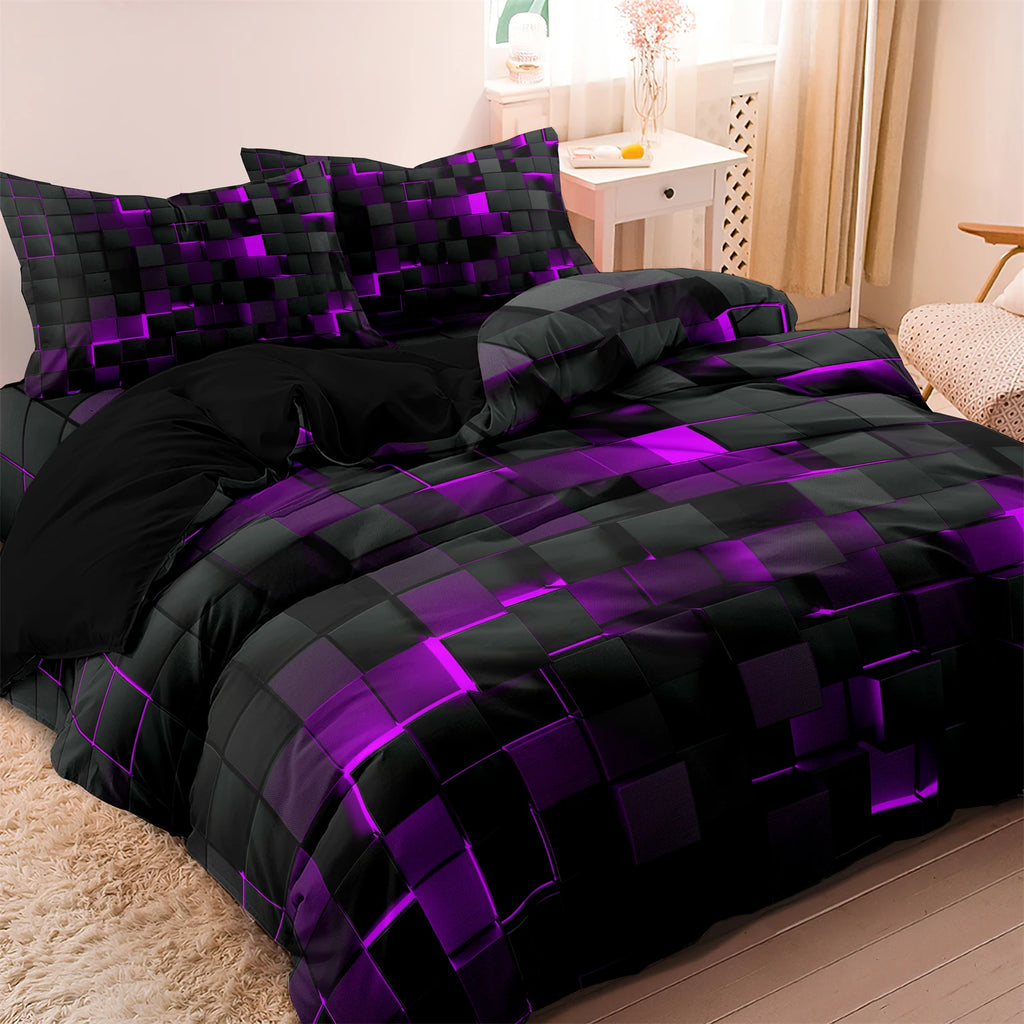3pcs Purple Soft Geometric Grid Plaid Checked Quilt Duvet Cover Bedding Set,Included 1*Duvet Cover & 2*Pillowcase-[Local Stock]