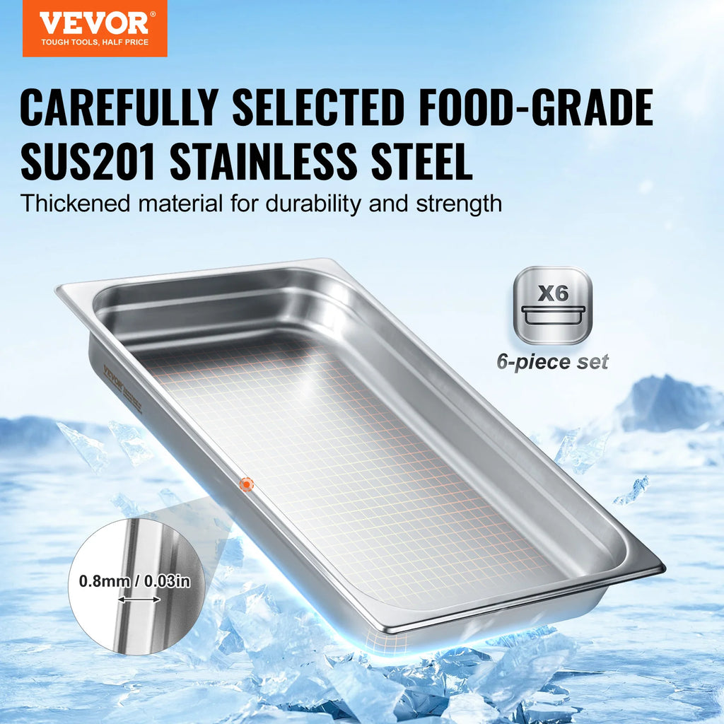 SucceBuy 6Pack Buffet Chafing Dishes 2.5"-6"Deep Steam Table Pan Full Size 0.8mm Thick Stainless Steel Catering Storage Food Pan