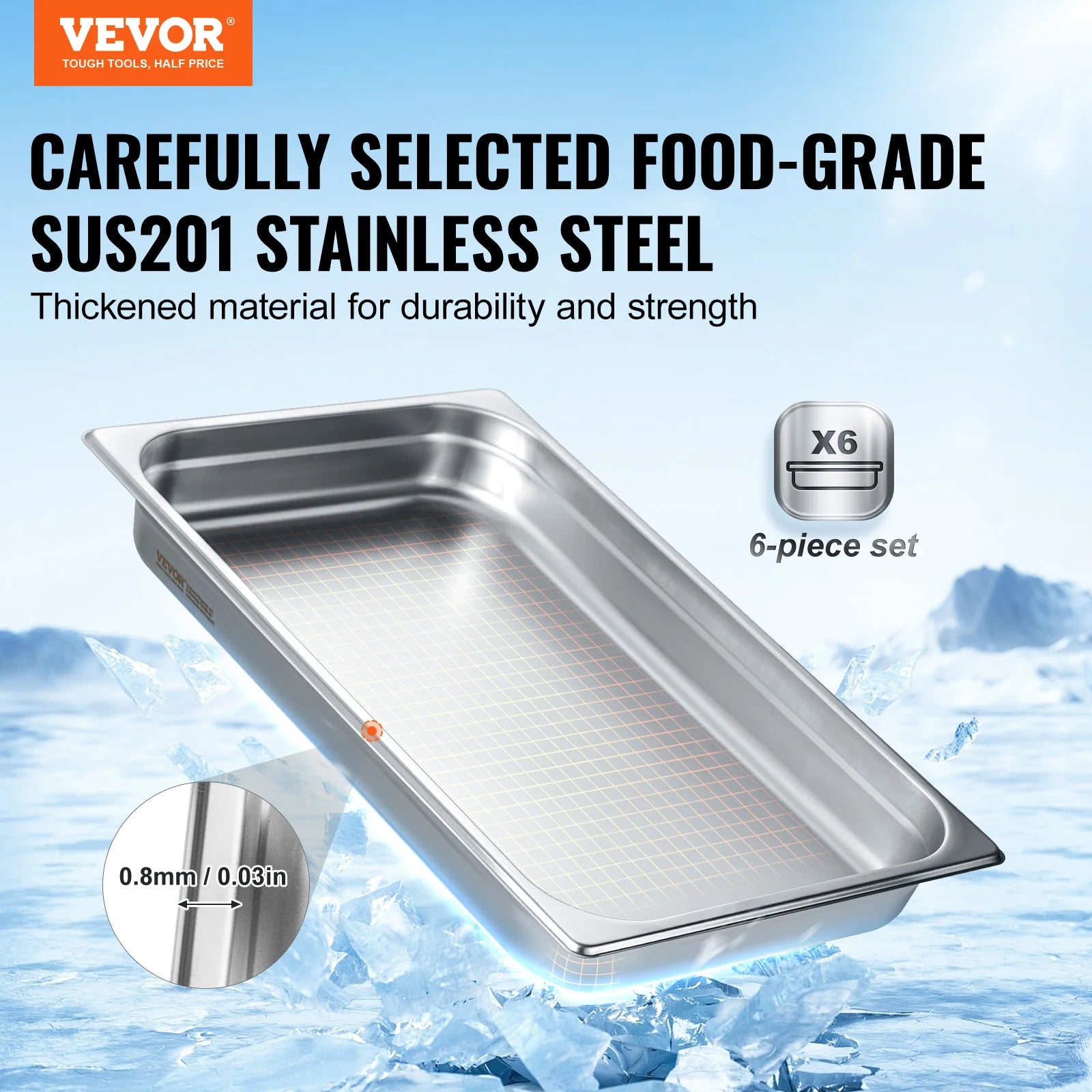 SucceBuy 6Pack Buffet Chafing Dishes 2.5"-6"Deep Steam Table Pan Full Size 0.8mm Thick Stainless Steel Catering Storage Food Pan
