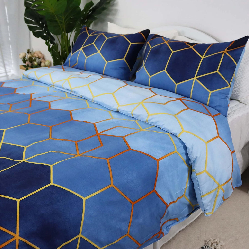 3Pcs Navy Blue Geometric Duvet Cover Set, Modern Hexagon Bedding, Soft Microfiber Quilt Cover, Luxury Bedroom Decor,AU Local Sto