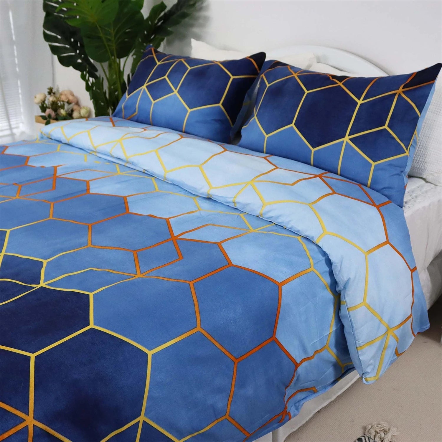 3Pcs Navy Blue Geometric Duvet Cover Set, Modern Hexagon Bedding, Soft Microfiber Quilt Cover, Luxury Bedroom Decor,AU Local Sto