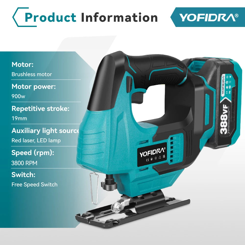 YOFIDRA 3800RPM Brushless Electric Jig Saw Infrared Laser Curve Saw Woodworking Tool With Saw Blade For Makita 18V Battery pin