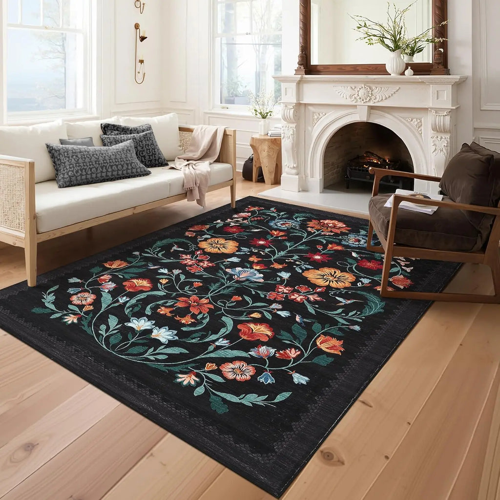 Washable Rugs for Living Room, Low Pile Floral Area Rug, Indoor Soft Carpet, Indoor Foldable Floor Mat for Bedroom, Dining Room