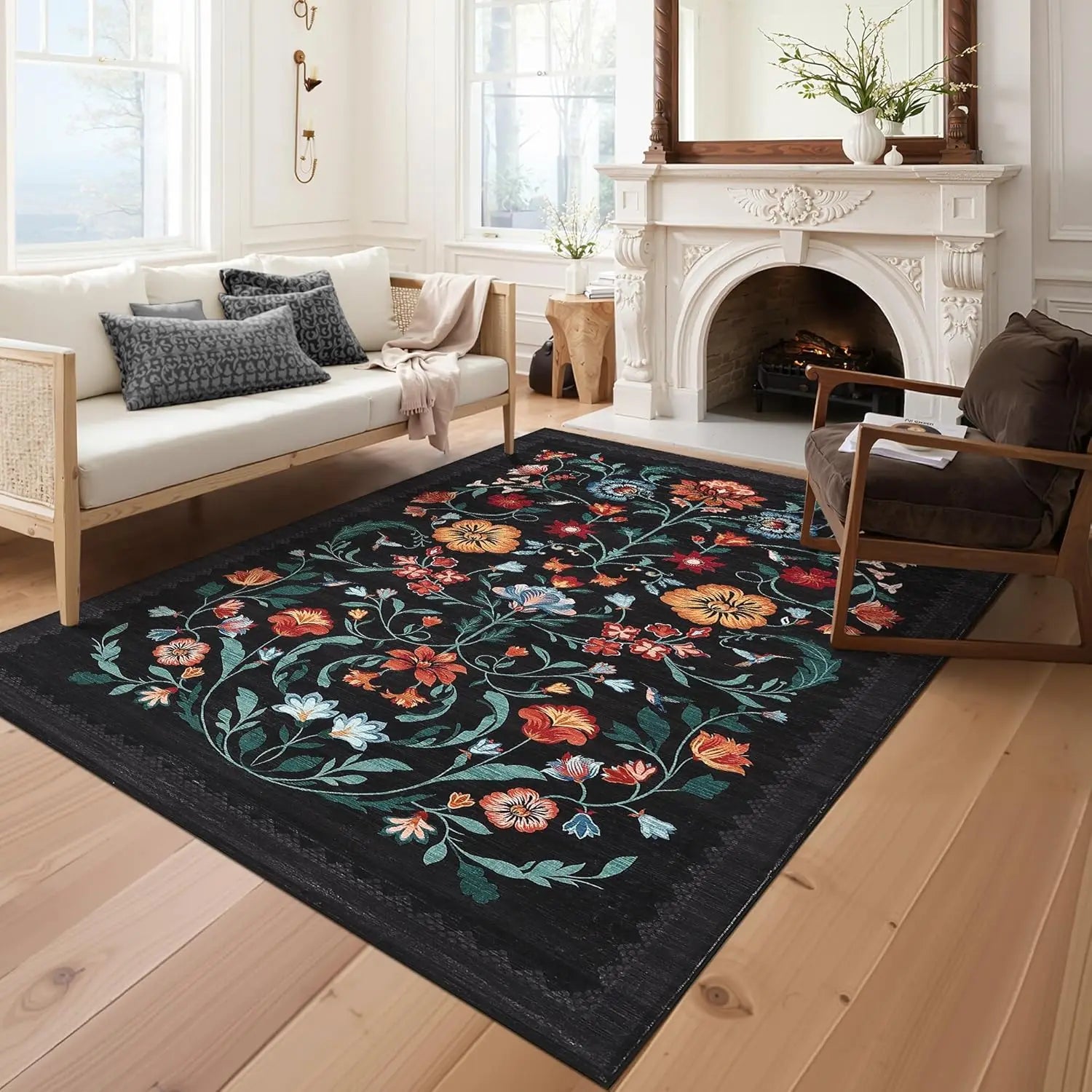 Washable Rugs for Living Room, Low Pile Floral Area Rug, Indoor Soft Carpet, Indoor Foldable Floor Mat for Bedroom, Dining Room