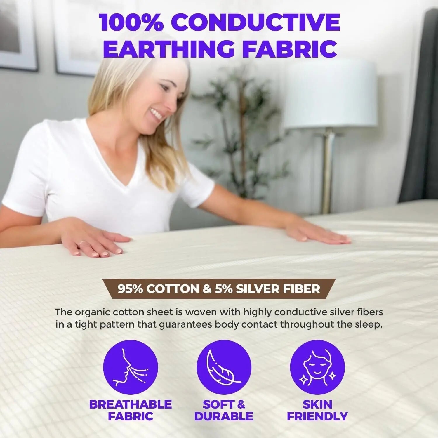 Grounding Sheets, 5% Pure Silver Fiber & 95% Organic Cotton, Grounded Well Bed Sheet, Earthing Conductive Sheet for Better Sleep