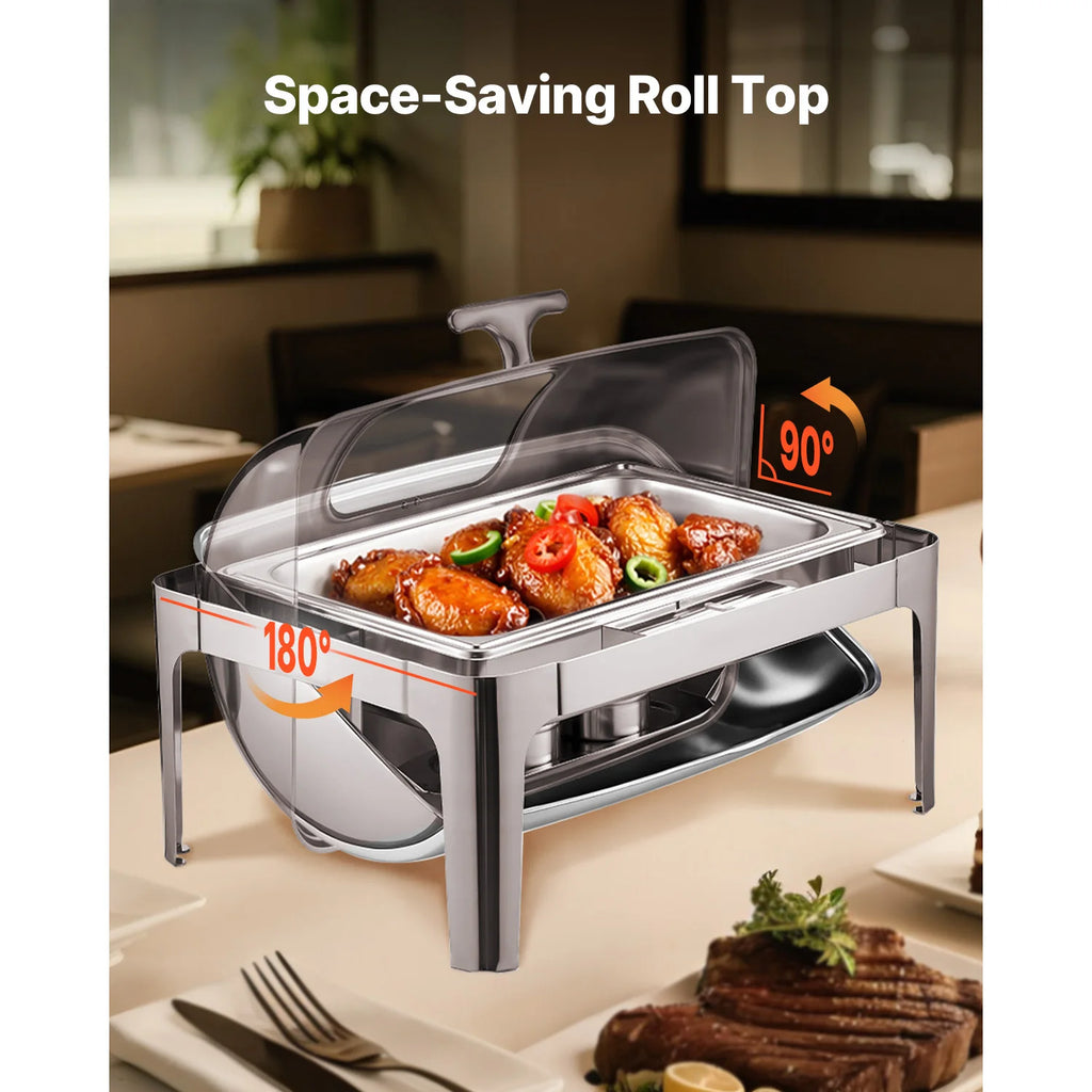 SucceBuy 9Qt Roll Top Chafing Dish Buffet Stainless Steel Chafer w/ Full Size Pan Visible Lid Rectangle Catering Warmer Server