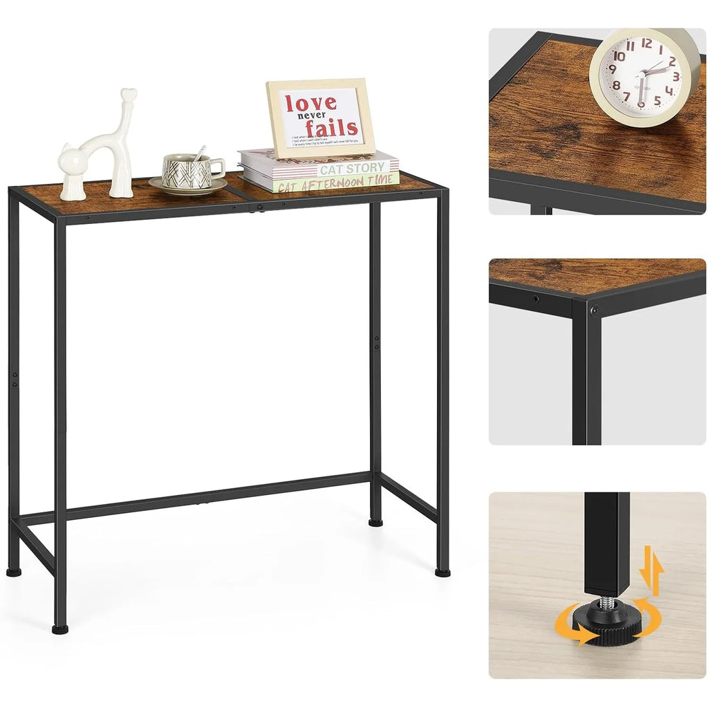 Rustic Brown Console Table 80x30x80cm - Narrow Entryway Table w/ Black Metal Frame for Hallway & Living Room