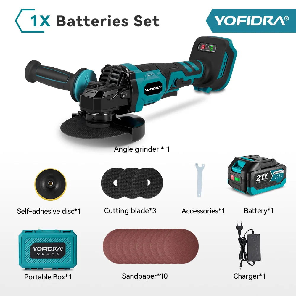 YOFIDRA 125MM Brushless Electric Angle Grinder 3000W 3Gears Polishing Cutting Machine Wood Power Tool For Makita 21V Battery Pin